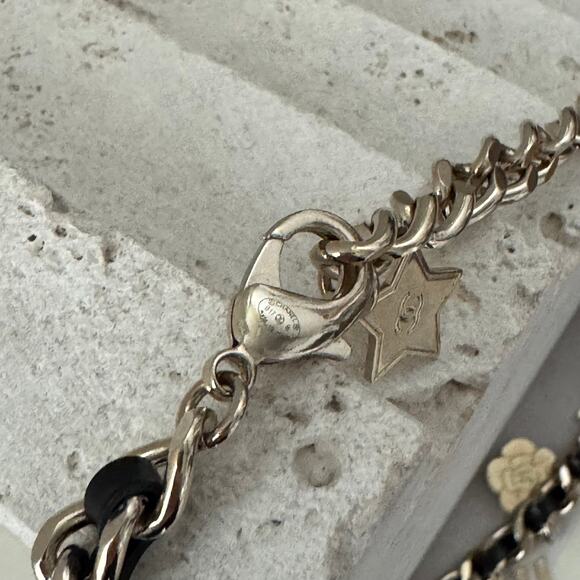 CHANEL Gold Chainlink Black Leather Embellished Camellia Charm CC Logo Necklace - Picture 3 of 9